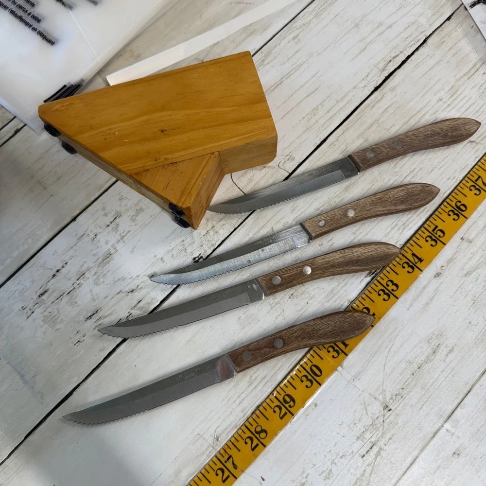 Steak Knife Set Vintage Japan Stainless Wood Block 5pc Set Serrated MCM Retro